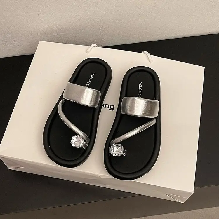 French Style Women's Black Open Toe Sandals with Clip Toe