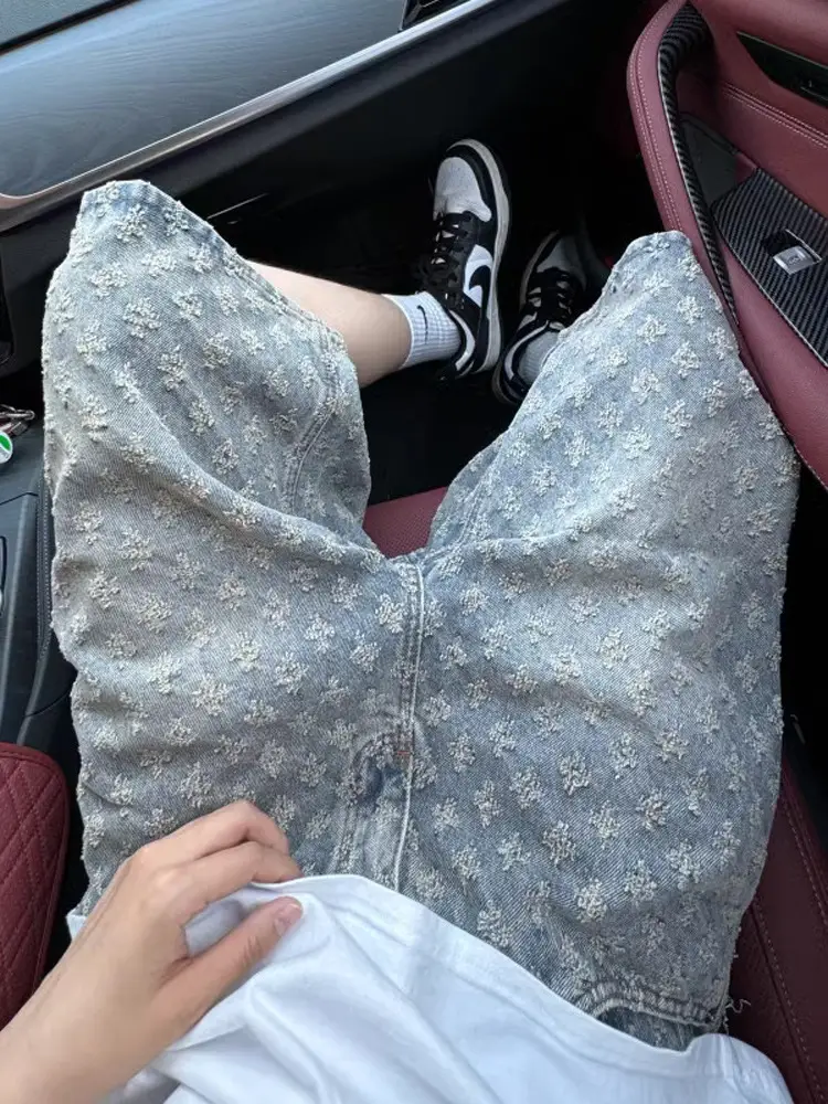Men Printed Jacquard Shorts Vintage Denim Summer Hiphop Pants - Image 4