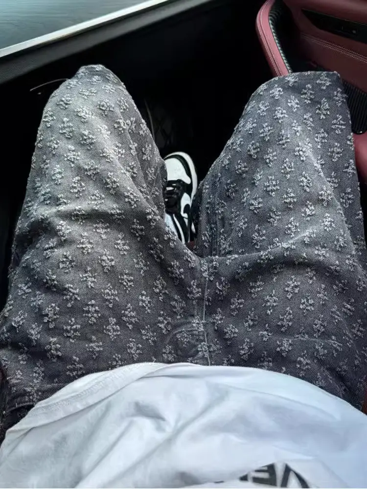 Men Printed Jacquard Shorts Vintage Denim Summer Hiphop Pants - Image 5