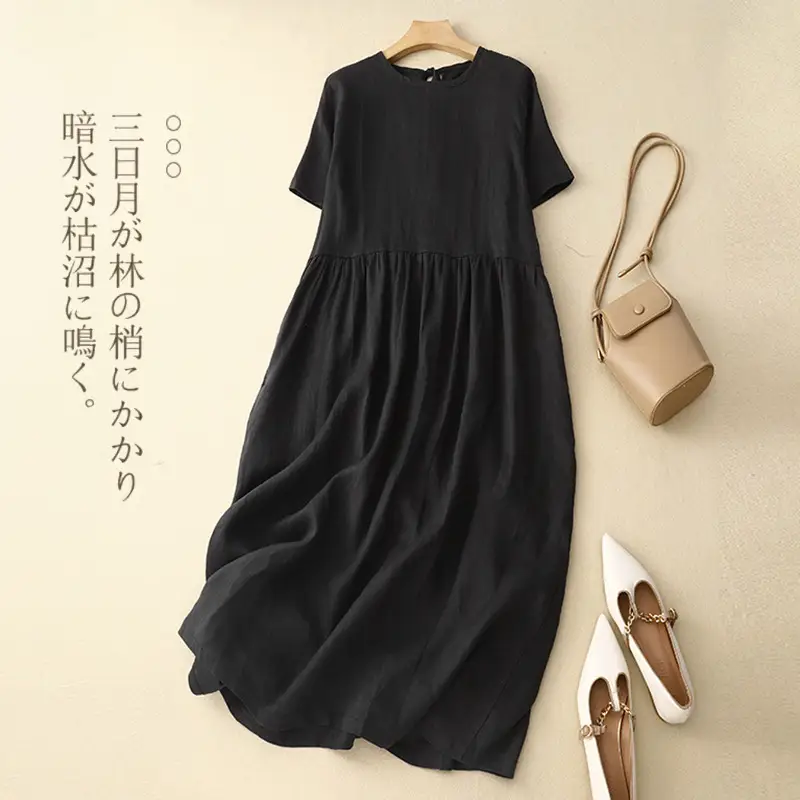 Black Long Dress with Round Neck, Belt, Large Hem - Image 6