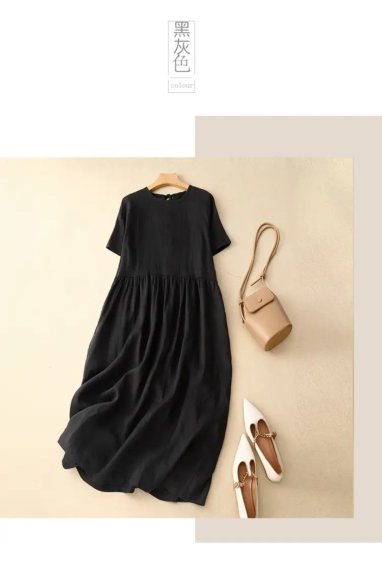 Black Long Dress with Round Neck, Belt, Large Hem — feature 17