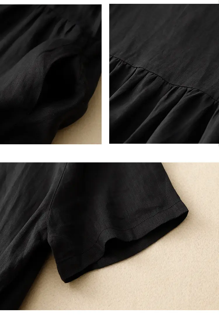 Black Long Dress with Round Neck, Belt, Large Hem — feature 19