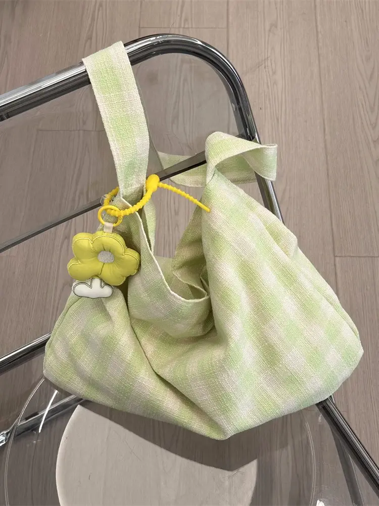 Milk Blue Plaid Canvas Underarm Bag for Girls - Image 5