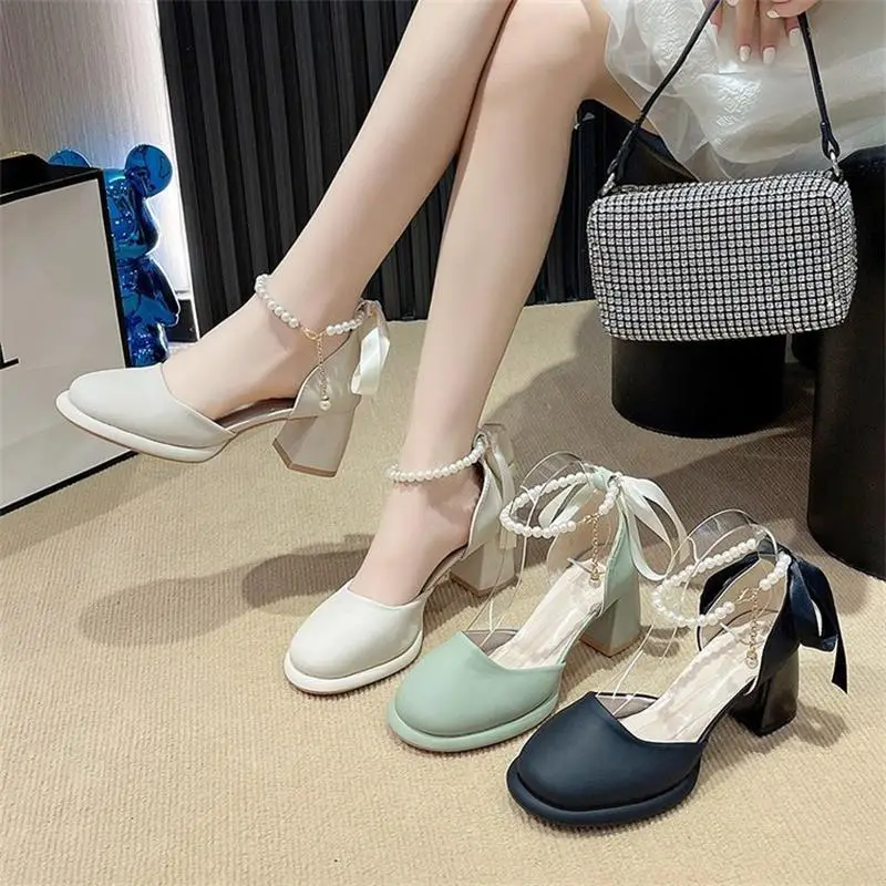 Fairy Style Mary Jane High Heels Women's 2024 Summer New French Style Pearl Elegant Matching Skirt Thick Heel Sandals