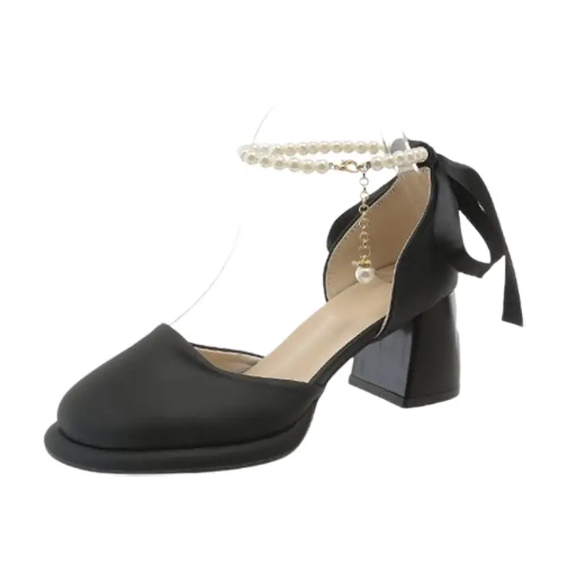 Fairy Style Mary Jane High Heels Women's 2024 Summer New French Style Pearl Elegant Matching Skirt Thick Heel Sandals