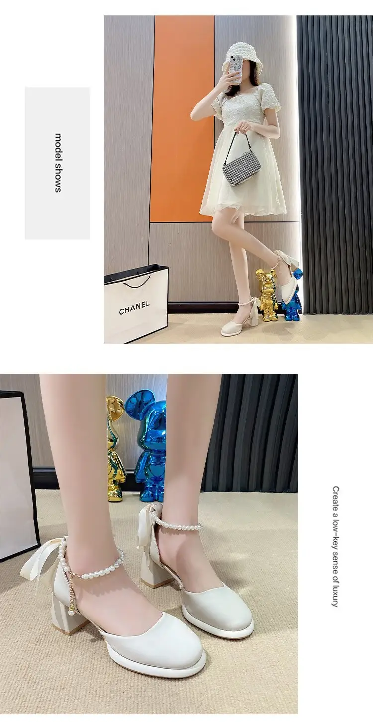 Fairy Style Mary Jane High Heels Women's 2024 Summer New French Style Pearl Elegant Matching Skirt Thick Heel Sandals — feature 10