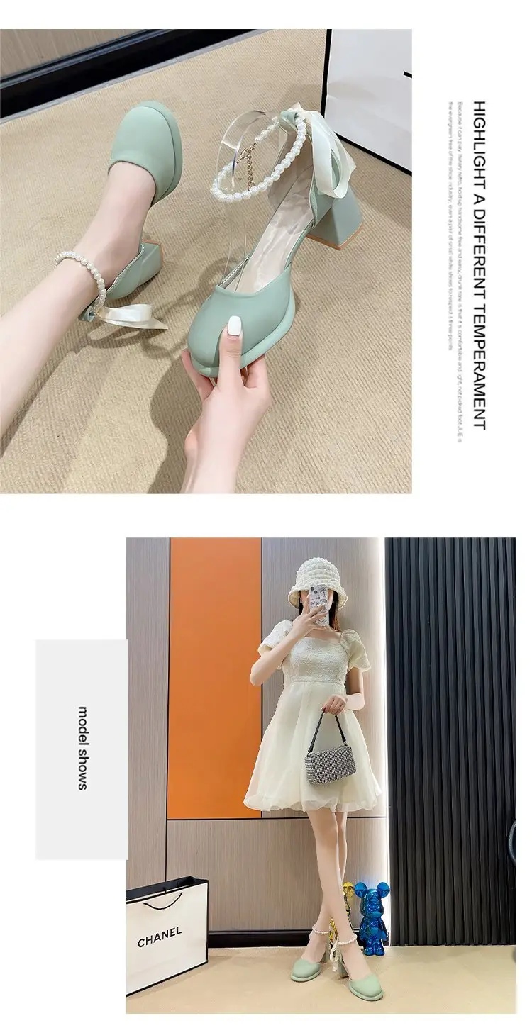 Fairy Style Mary Jane High Heels Women's 2024 Summer New French Style Pearl Elegant Matching Skirt Thick Heel Sandals — feature 11