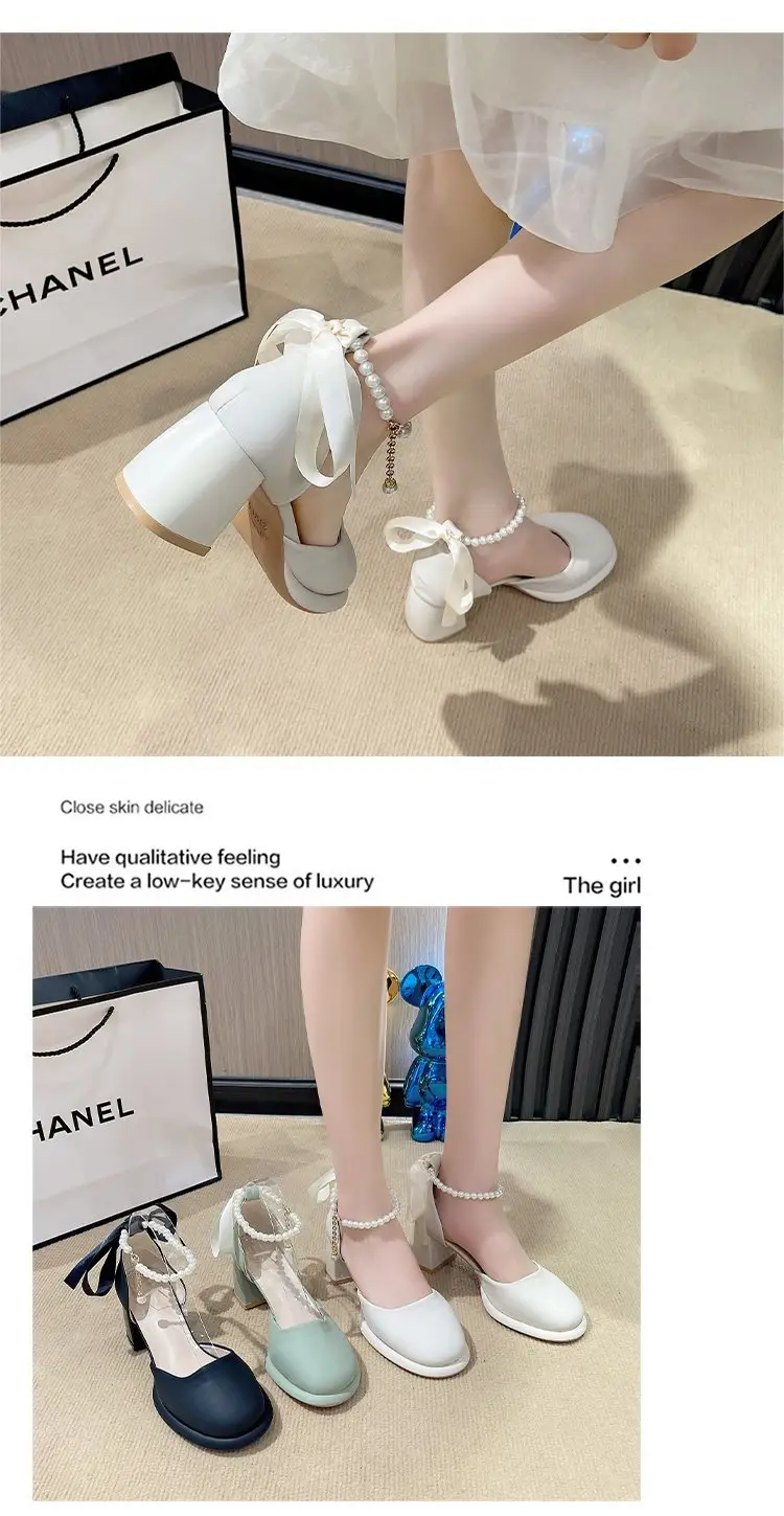 Fairy Style Mary Jane High Heels Women's 2024 Summer New French Style Pearl Elegant Matching Skirt Thick Heel Sandals — feature 12