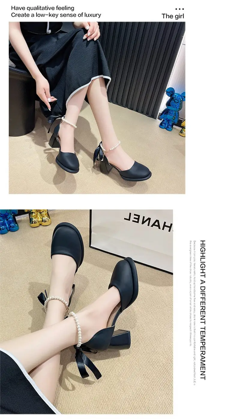 Fairy Style Mary Jane High Heels Women's 2024 Summer New French Style Pearl Elegant Matching Skirt Thick Heel Sandals — feature 13