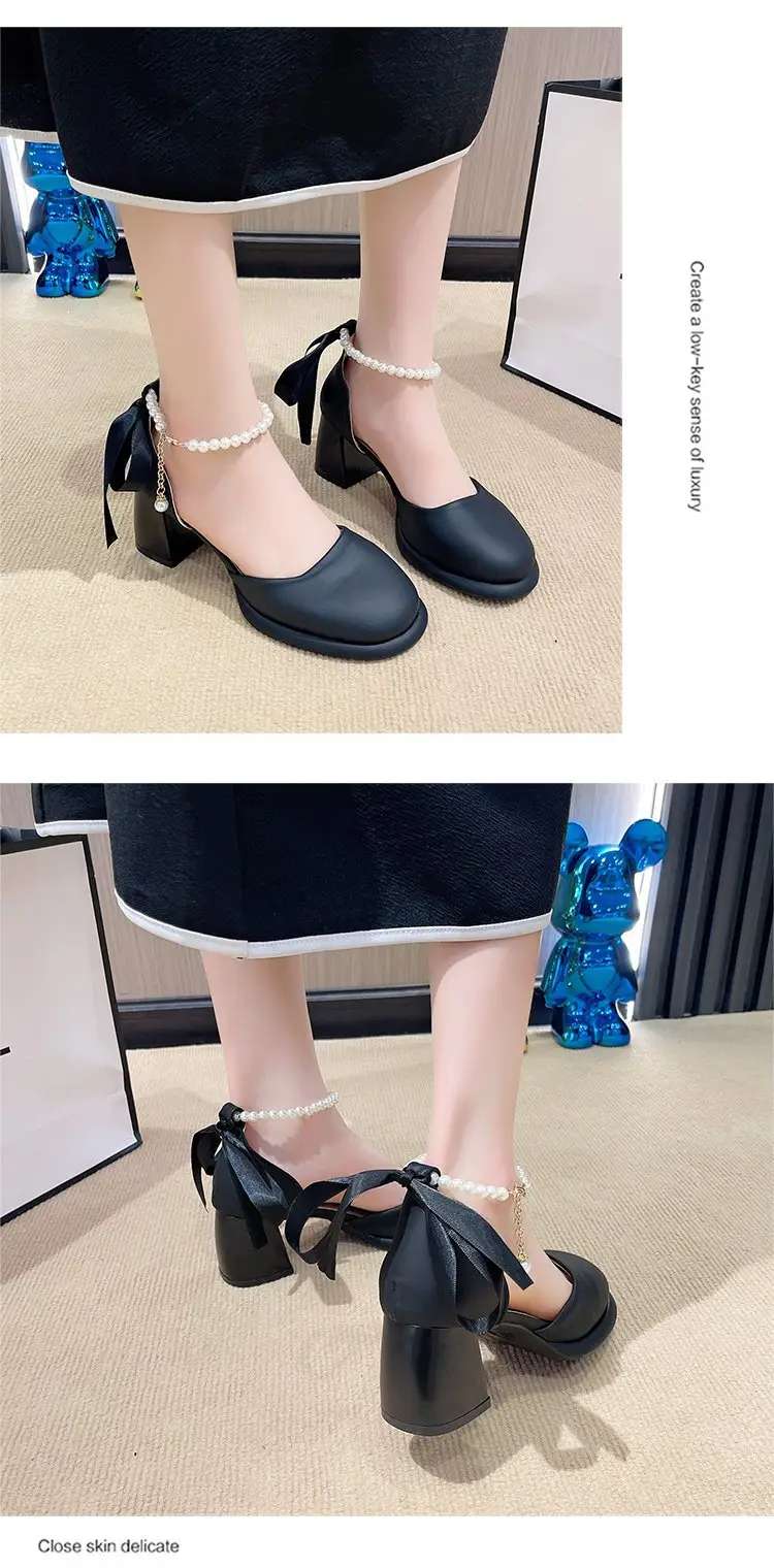 Fairy Style Mary Jane High Heels Women's 2024 Summer New French Style Pearl Elegant Matching Skirt Thick Heel Sandals — feature 14