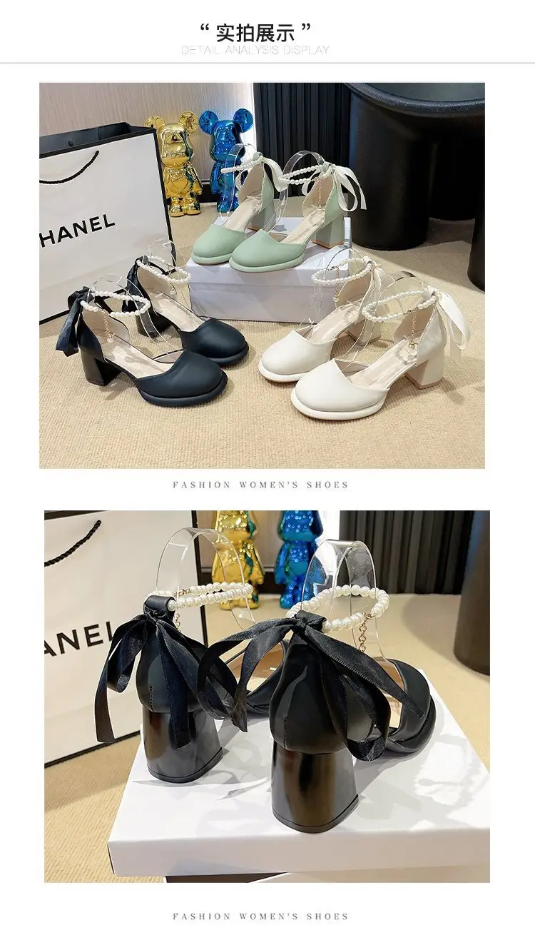 Fairy Style Mary Jane High Heels Women's 2024 Summer New French Style Pearl Elegant Matching Skirt Thick Heel Sandals — feature 15
