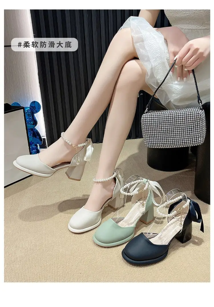 Fairy Style Mary Jane High Heels Women's 2024 Summer New French Style Pearl Elegant Matching Skirt Thick Heel Sandals — feature 2