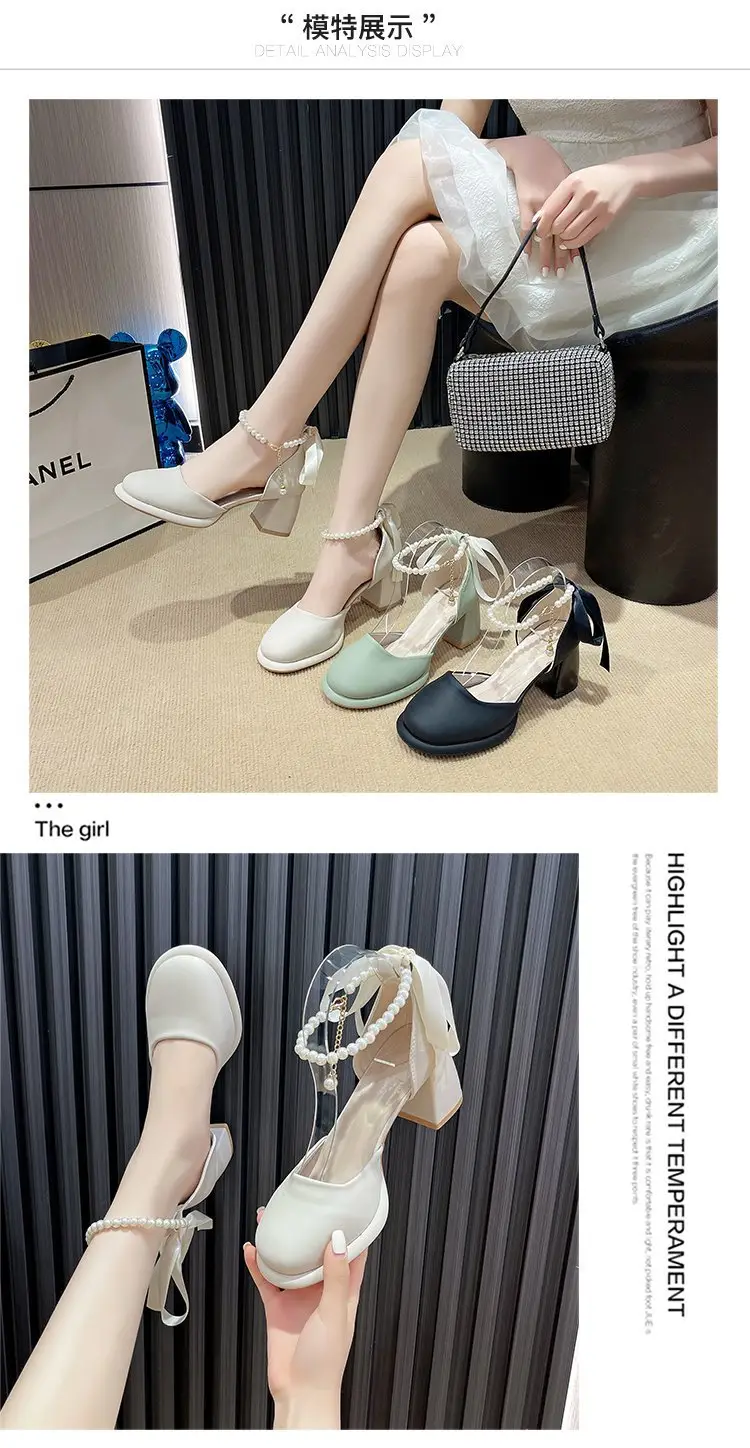 Fairy Style Mary Jane High Heels Women's 2024 Summer New French Style Pearl Elegant Matching Skirt Thick Heel Sandals — feature 8