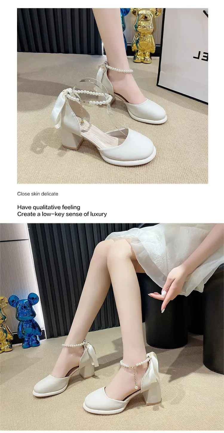 Fairy Style Mary Jane High Heels Women's 2024 Summer New French Style Pearl Elegant Matching Skirt Thick Heel Sandals — feature 9