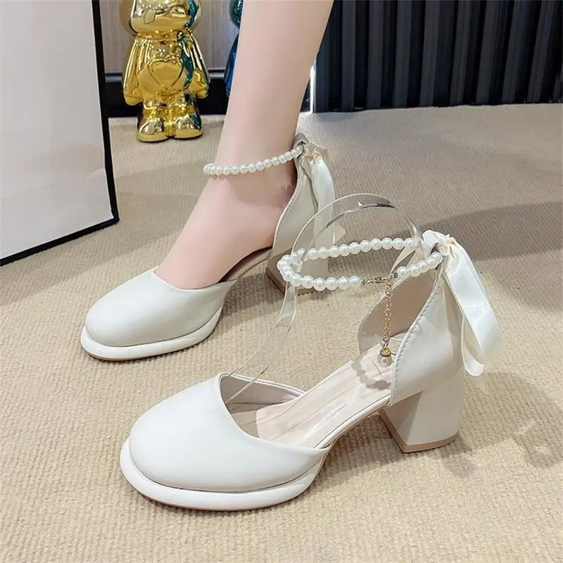 Fairy Style Mary Jane High Heels Women's 2024 Summer New French Style Pearl Elegant Matching Skirt Thick Heel Sandals