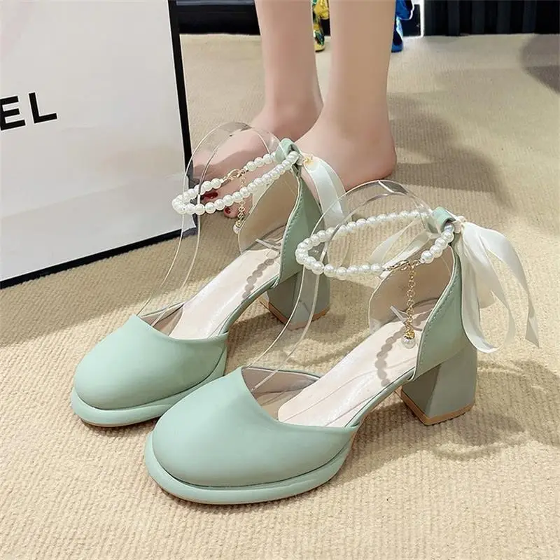 Fairy Style Mary Jane High Heels Women's 2024 Summer New French Style Pearl Elegant Matching Skirt Thick Heel Sandals