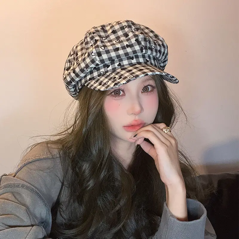 Women British Retro Plaid Beret Hat Travel Cap - Image 6
