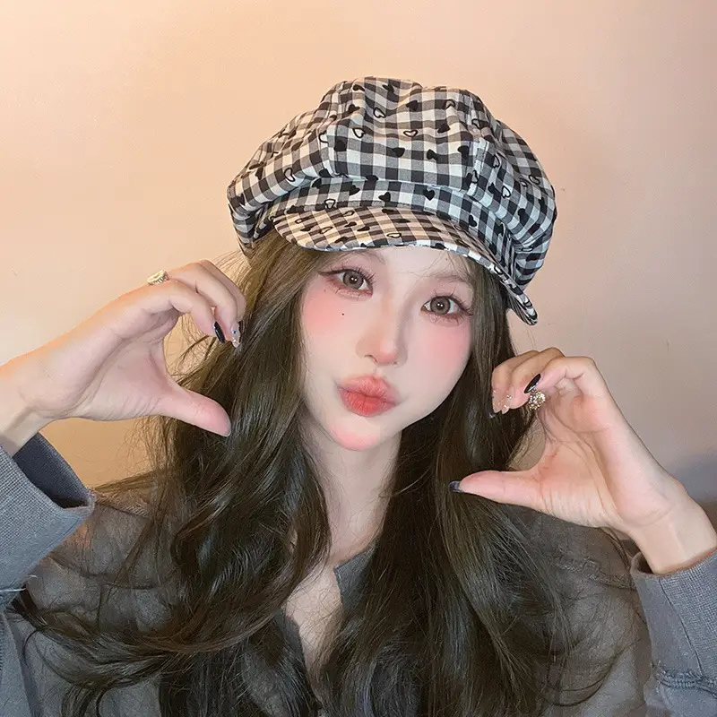 Women British Retro Plaid Beret Hat Travel Cap - Image 7