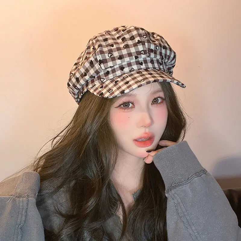 Women British Retro Plaid Beret Hat Travel Cap - Image 9