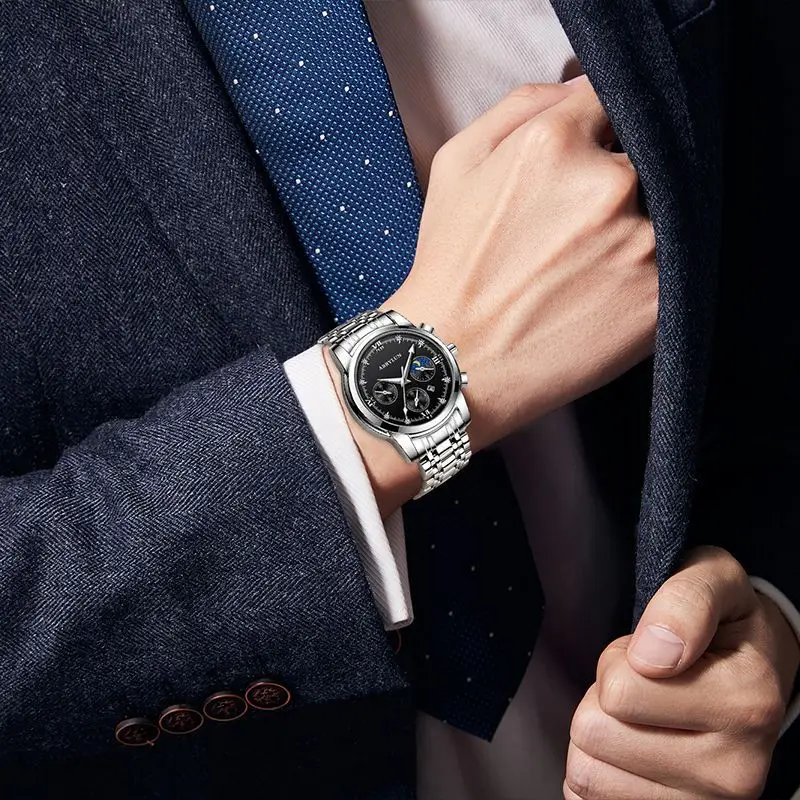 Men's Multifunctional Quartz Business Watch with Stainless Steel Band