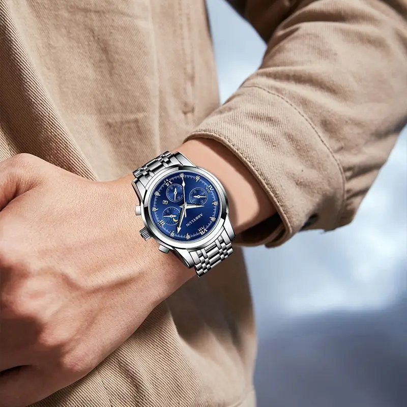 Men's Multifunctional Quartz Business Watch with Stainless Steel Band