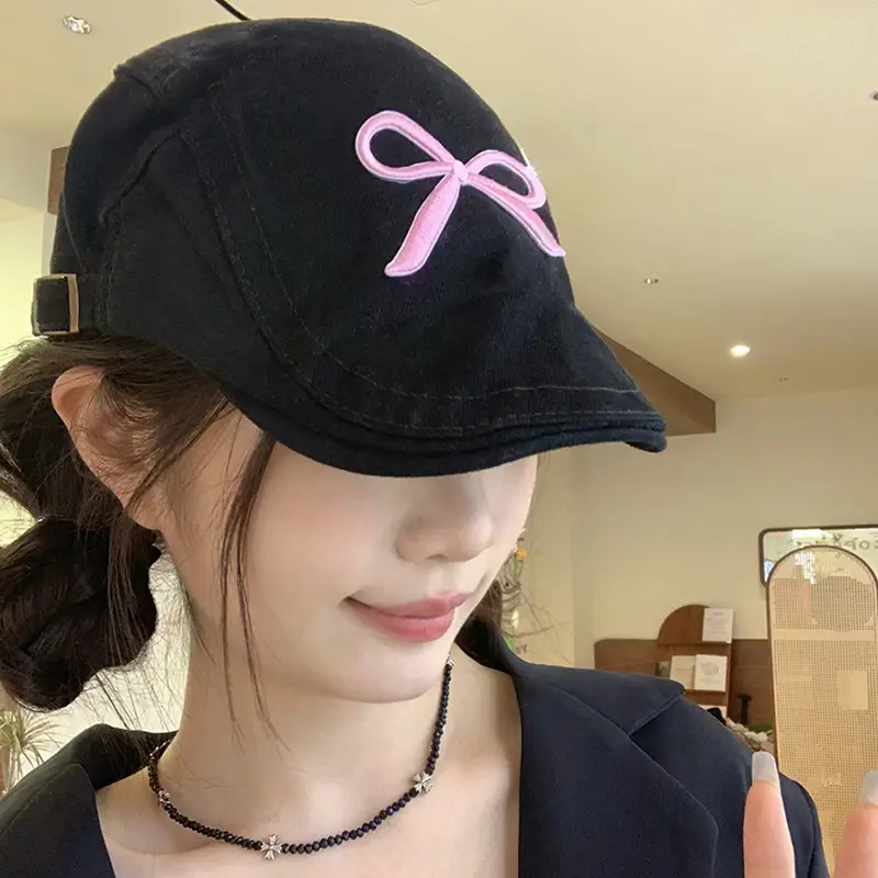 Women Duck Tongue Beret with Pink Bow Cap - Image 3