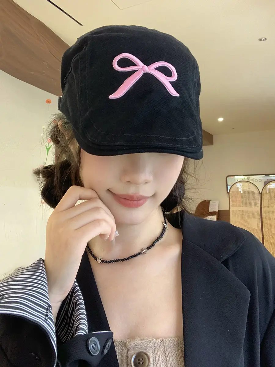 Women Duck Tongue Beret with Pink Bow Cap - Image 4