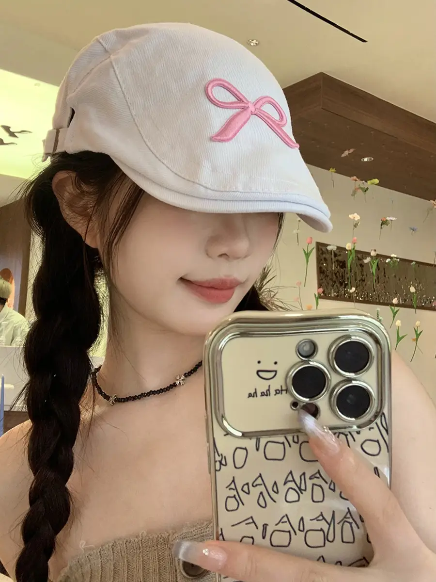 Women Duck Tongue Beret with Pink Bow Cap - Image 5
