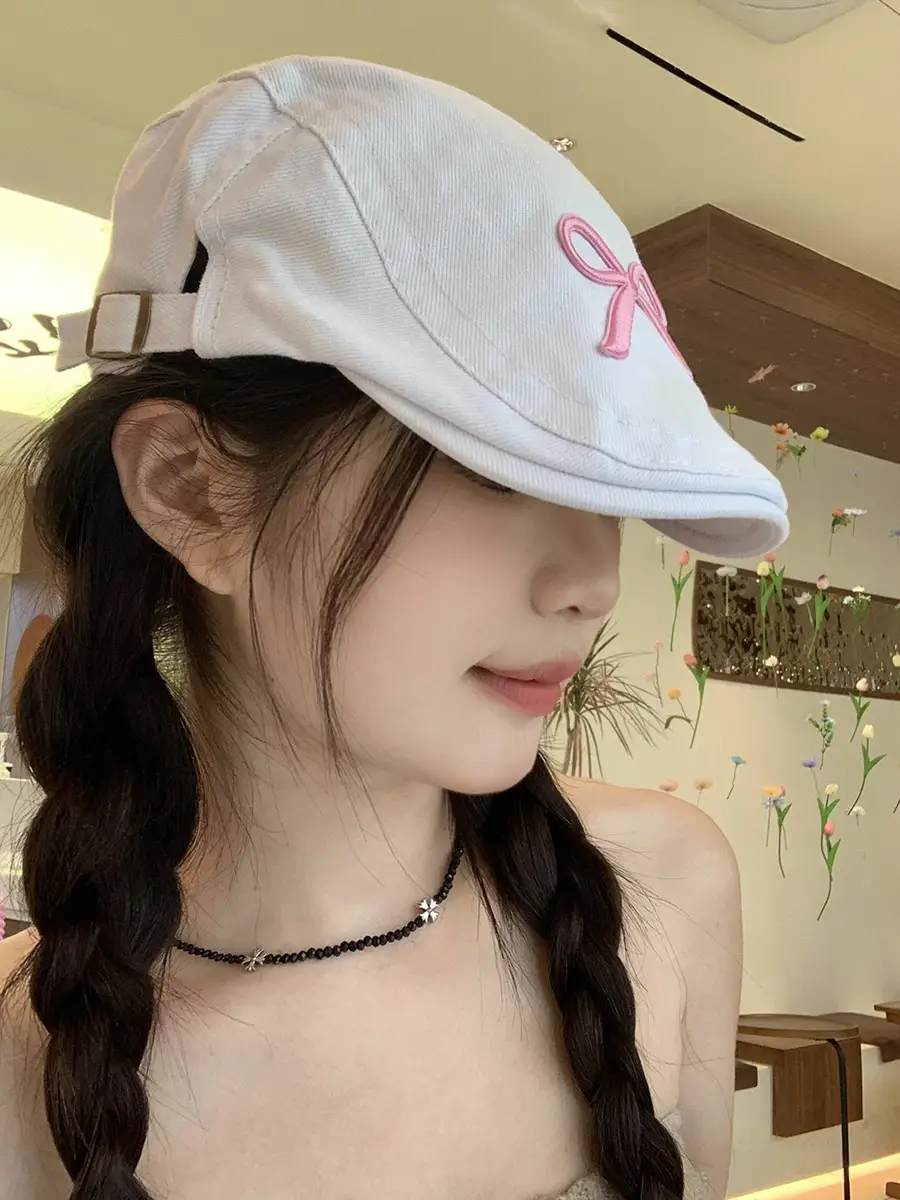 Women Duck Tongue Beret with Pink Bow Cap - Image 6