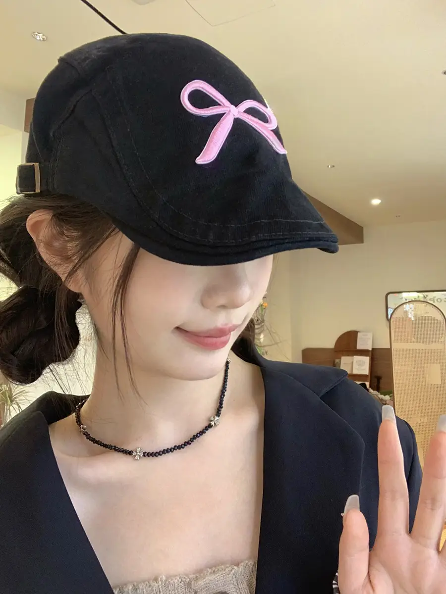 Women Duck Tongue Beret with Pink Bow Cap - Image 2
