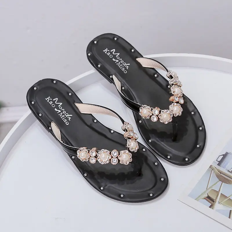 Black Rhinestone Flip Flops for Women 2024