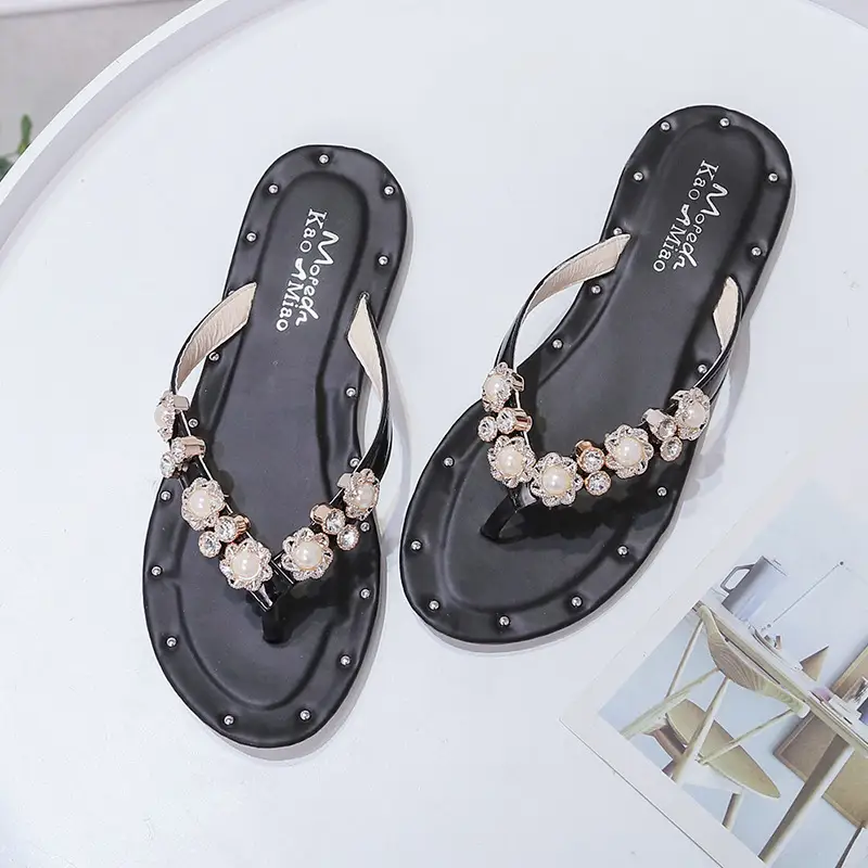 Black Rhinestone Flip Flops for Women 2024