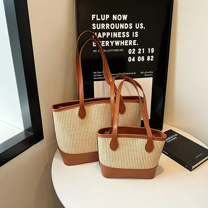 Women's Large Capacity Woven Straw Tote Bag Brown