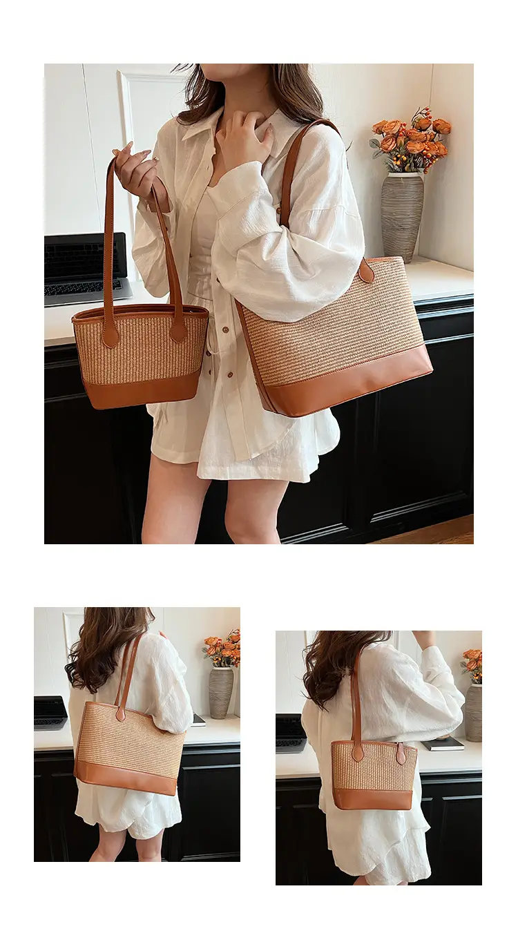 Women's Large Capacity Woven Straw Tote Bag Brown — feature 10