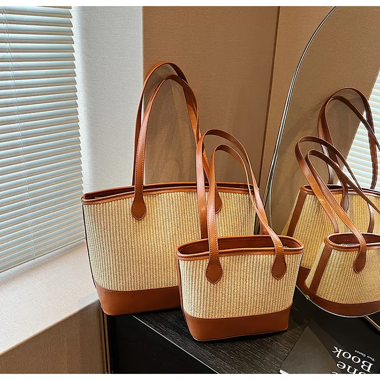 Women's Large Capacity Woven Straw Tote Bag Brown — feature 22