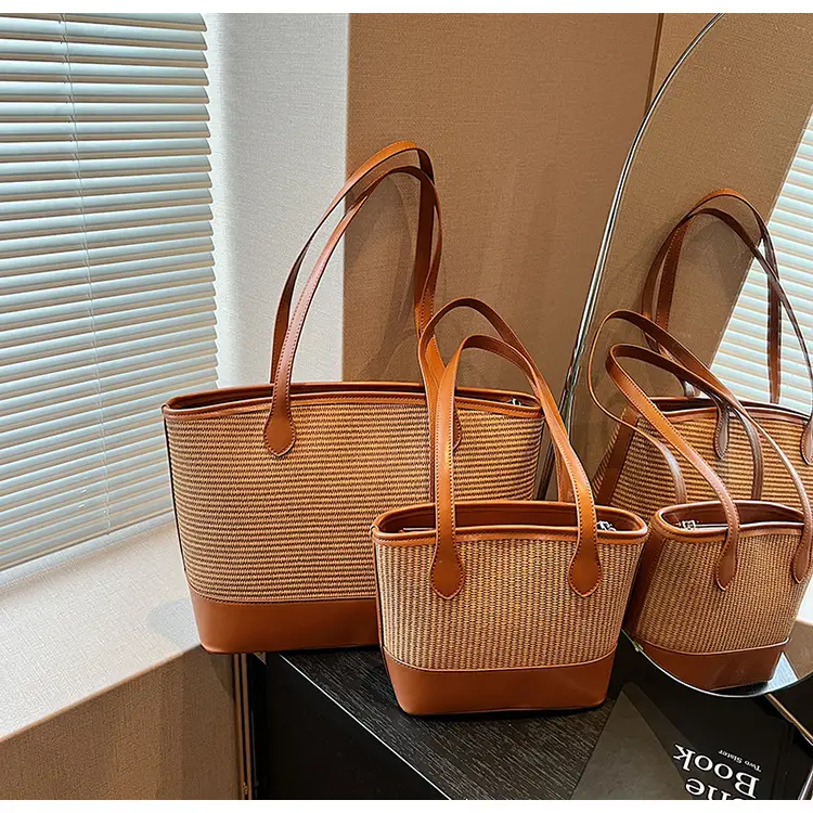 Women's Large Capacity Woven Straw Tote Bag Brown — feature 27