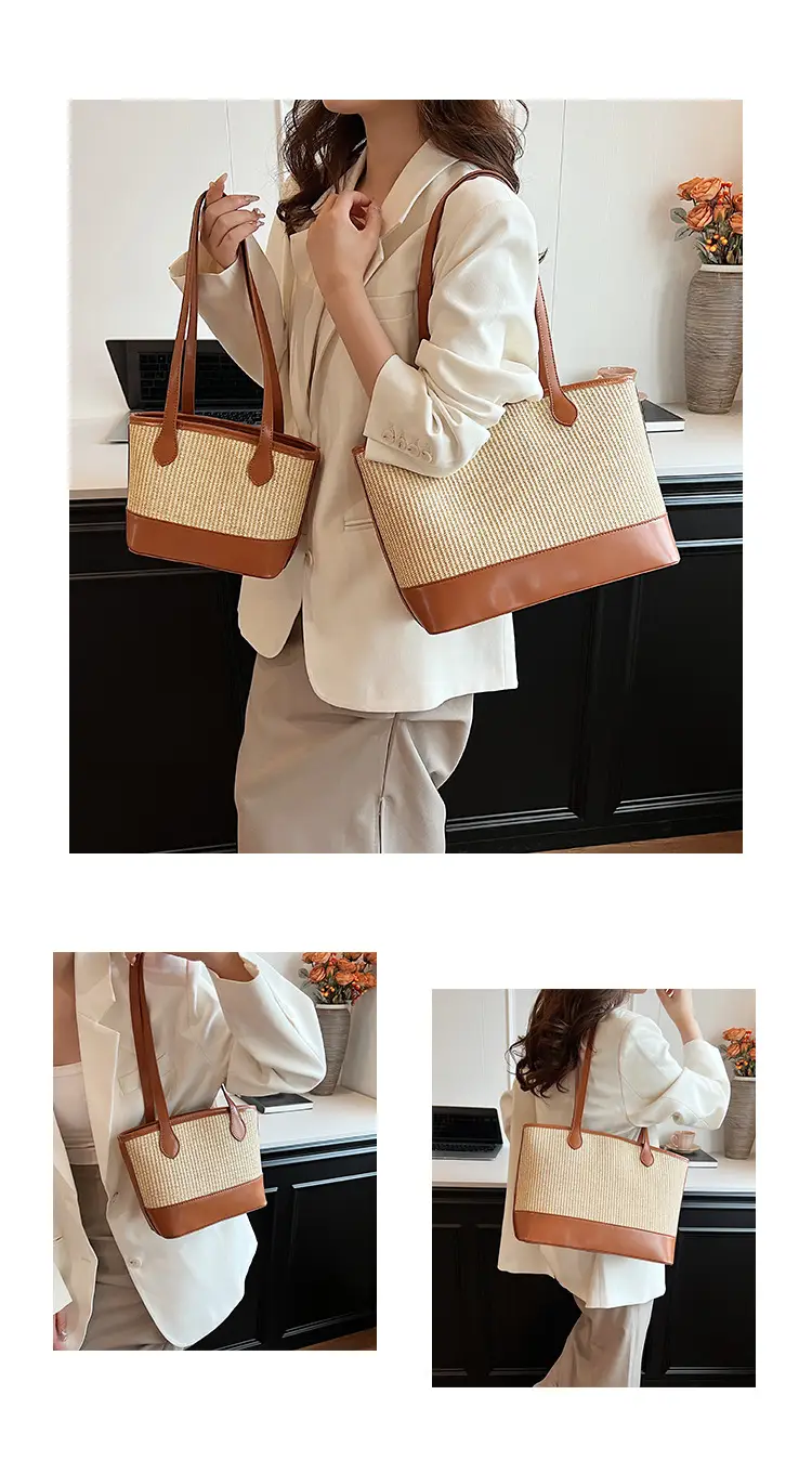 Women's Large Capacity Woven Straw Tote Bag Brown — feature 9