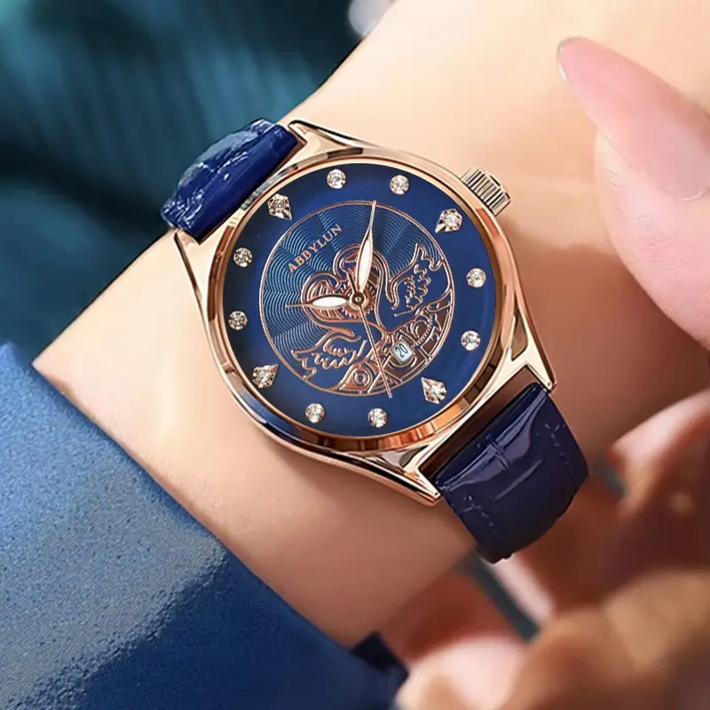 Women's Red Glass Skeleton Quartz Watch with Leather Strap - Image 6
