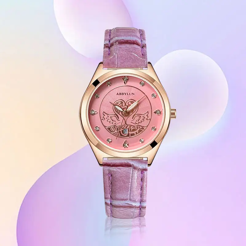 Women's Red Glass Skeleton Quartz Watch with Leather Strap - Image 7