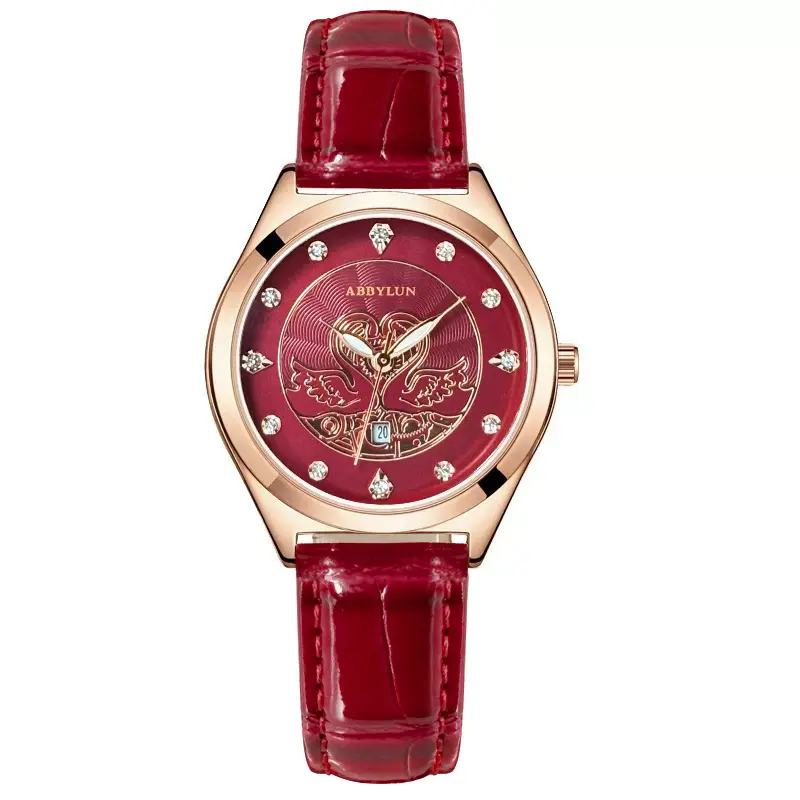 Women's Red Glass Skeleton Quartz Watch with Leather Strap - Image 9