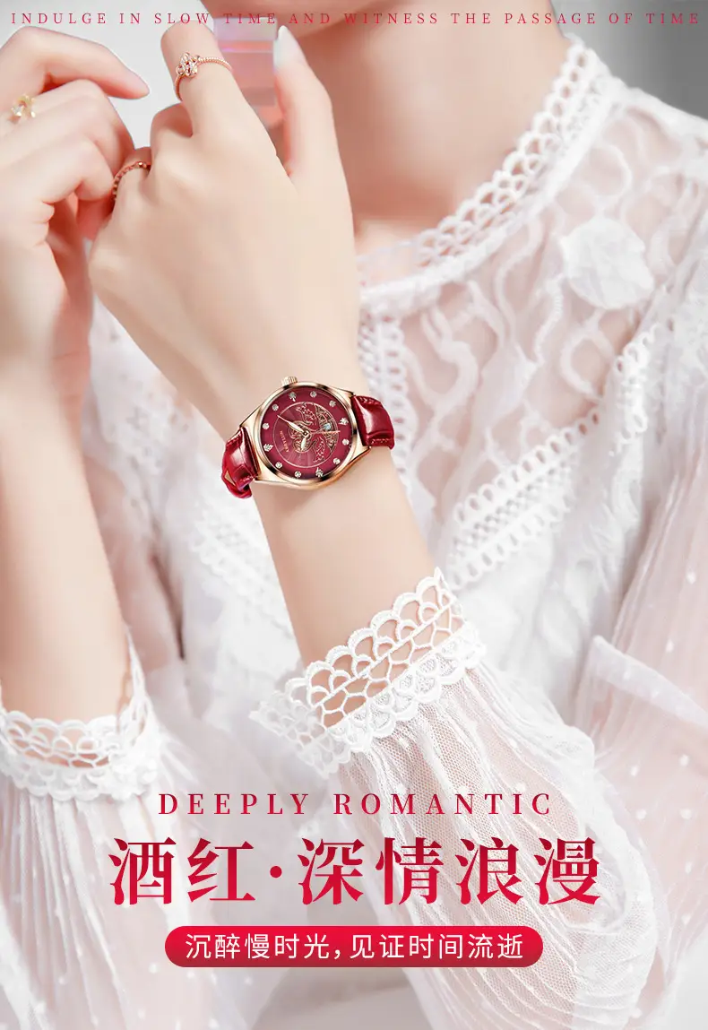 Women's Red Glass Skeleton Quartz Watch with Leather Strap — feature 1