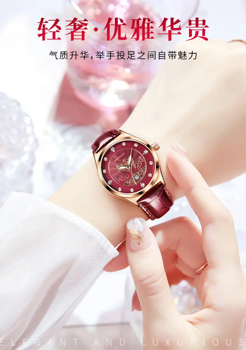 Women's Red Glass Skeleton Quartz Watch with Leather Strap — feature 8