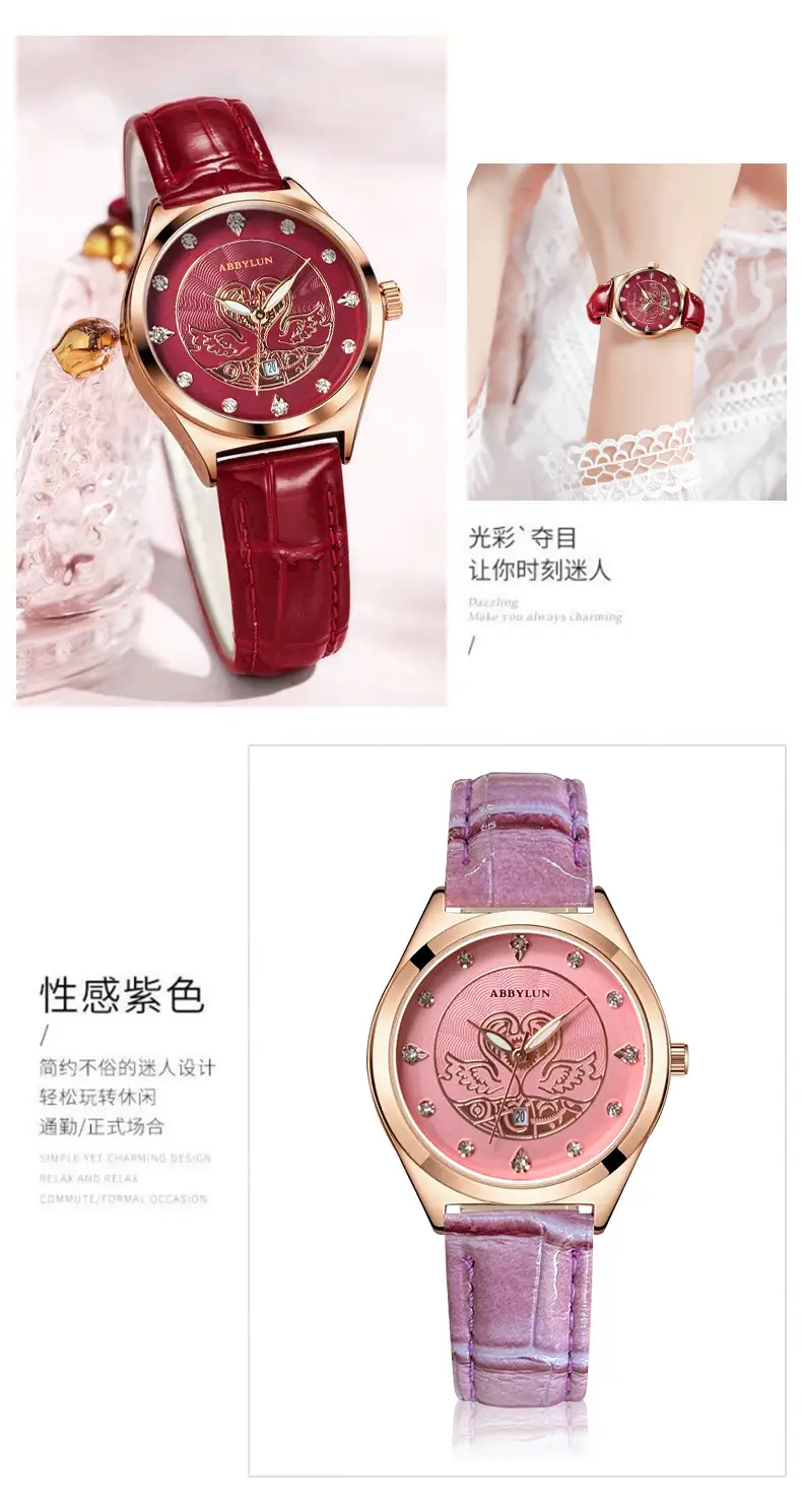 Women's Red Glass Skeleton Quartz Watch with Leather Strap — feature 9