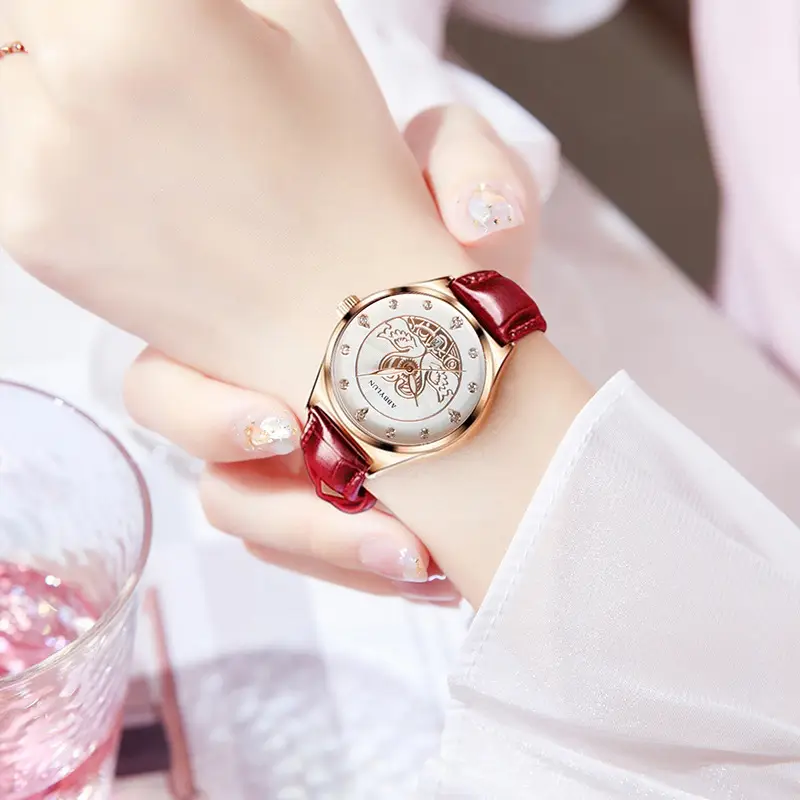 Women's Red Glass Skeleton Quartz Watch with Leather Strap - Image 2