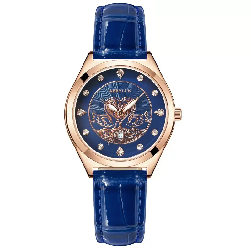 Women's Red Glass Skeleton Quartz Watch with Leather Strap - Image 3