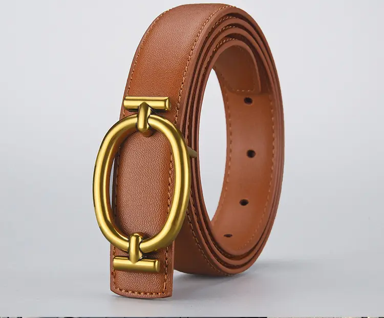 Women's Brown Leather Belt with Gold Buckle 105cm — feature 10