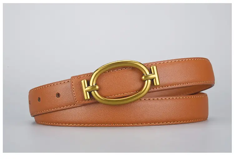 Women's Brown Leather Belt with Gold Buckle 105cm — feature 21