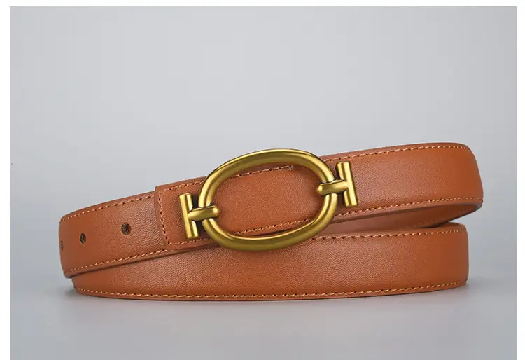 Women's Brown Leather Belt with Gold Buckle 105cm — feature 35