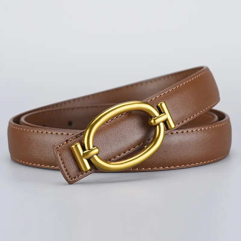 Women's Brown Leather Belt with Gold Buckle 105cm - Image 2