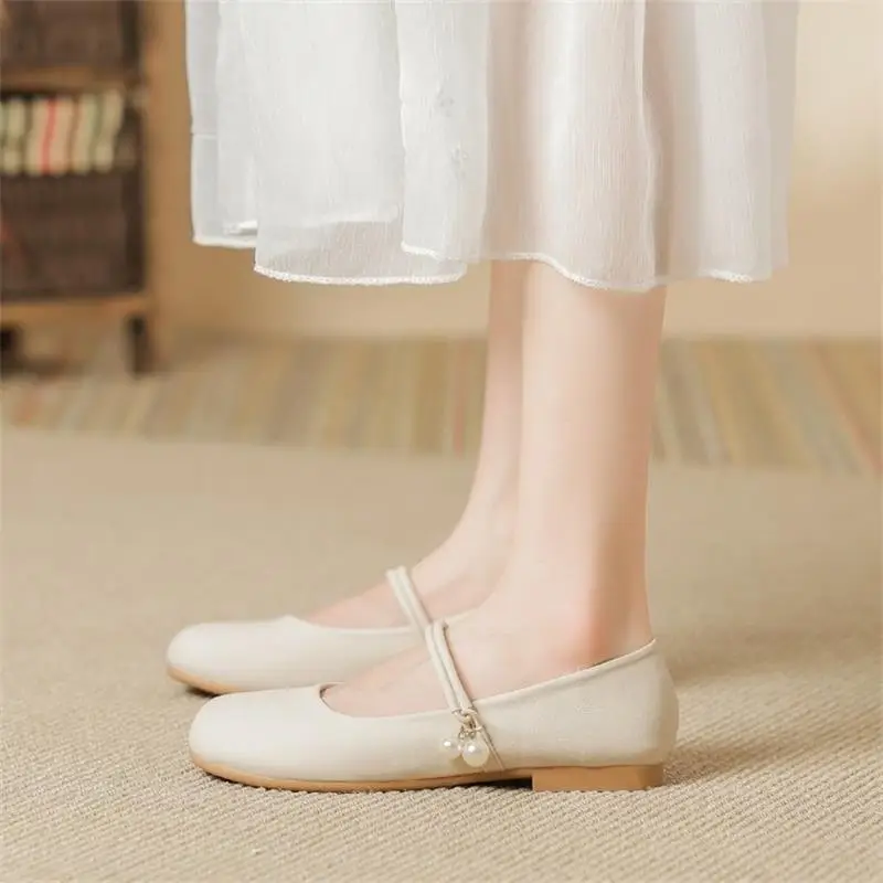 Women's Soft Leather French Mary Jane Shoes White Pearl